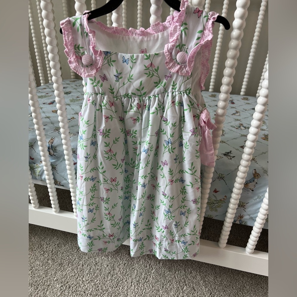 White Floral Butterfly Sundress with Pink Gingham Ruffle